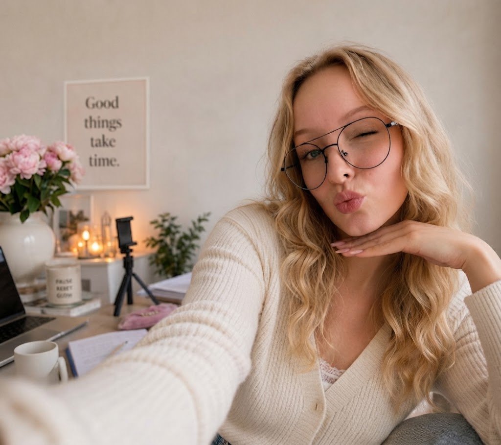 Lina lächelt in die Kamera in ihrem gemütlichen Homeoffice