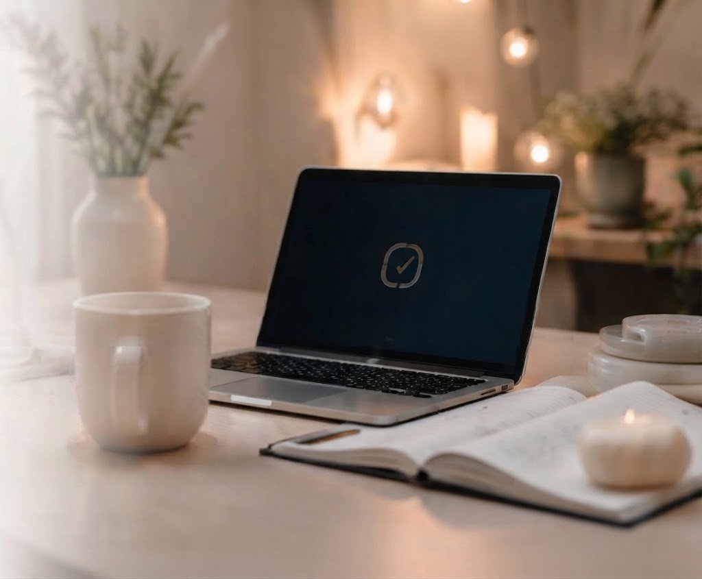 Laptop, Kaffee und aufgeschlagenes Buch auf einem hellen Schreibtisch